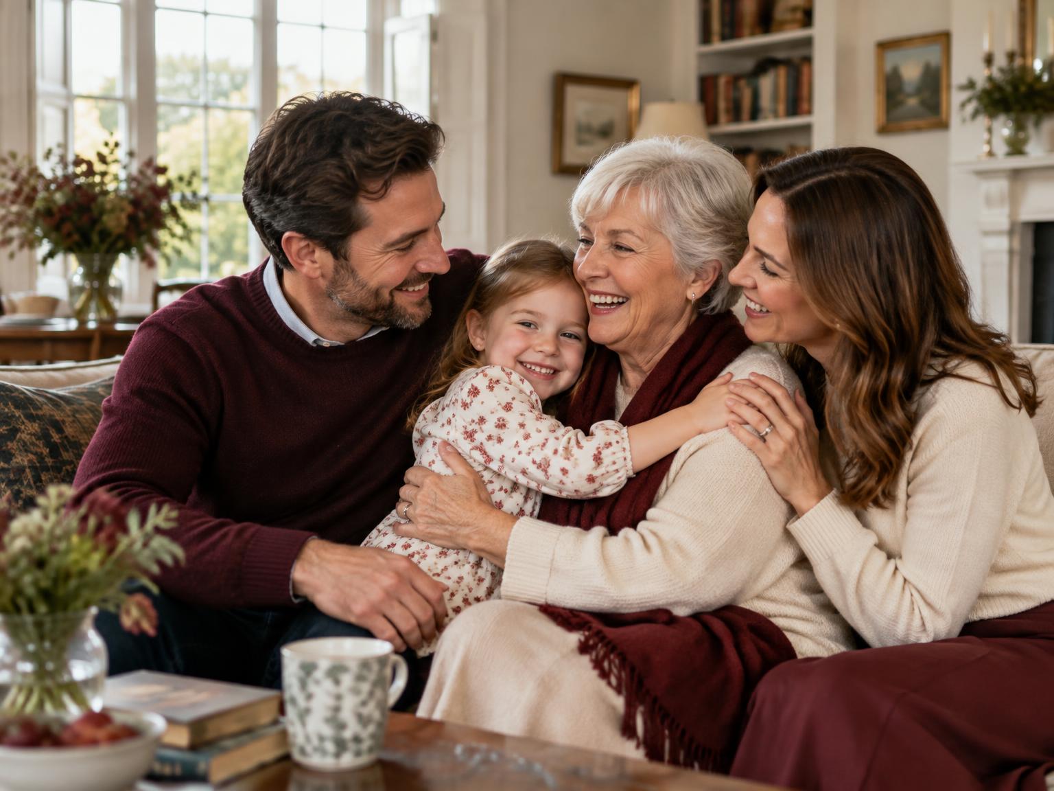 A happy family reunited and smiling together at home